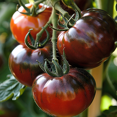Plants de tomates Noir de Crimée mûrissant dans un jardin potager ensoleillé, variété rare et gourmande
